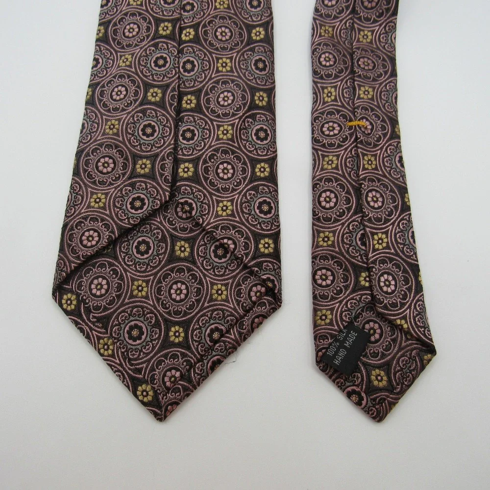 Silver Links 925 Tie Men's XL Pink Silk Medallion Floral Hand Made